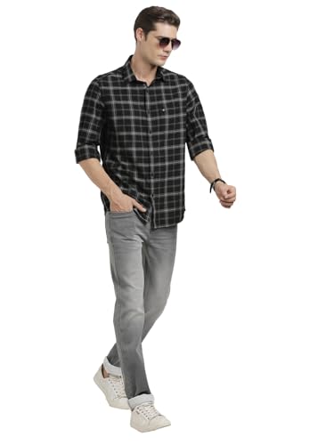 Image of Turtle Men Cotton Melange Slim Fit Black Casual Shirt