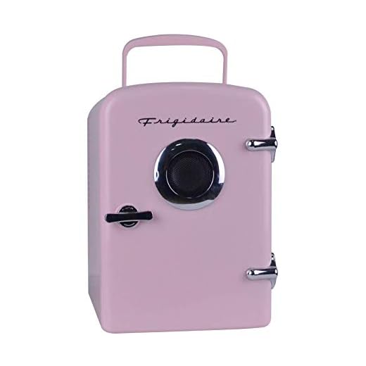 Frigidaire EFMIS151-PINK EFMIS151 Mini Portable Compact Personal Home Office Fridge Cooler Built in Speaker, 4L Capacity, Chills Six 12 oz Cans, 100% Freon-Free & Eco Friendly, standard, Pink
