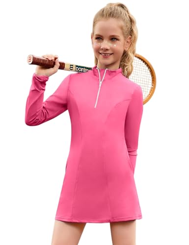 Image of Perfashion Girls Tennis Dress 1 /4 Zip Golf Outfit Built-in Bra & Shorts Pickleball Athletic Dress Workout Pockets 4-13Y