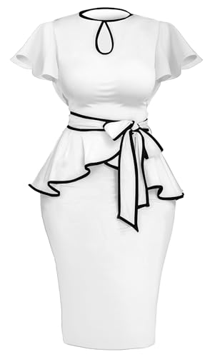Image of Women's Vintage Bodycon Church Ruffle Sleeve Ruched Dresses Work Midi Pencil Dress