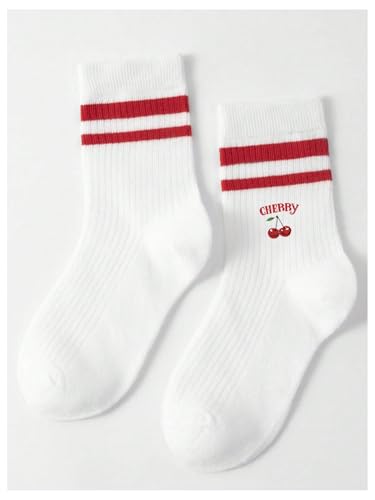 SHENHE Kid's Crew Socks Stripes Cherry Print Breathable Sports Athletic Mid Calf Socks for Boys Girls2