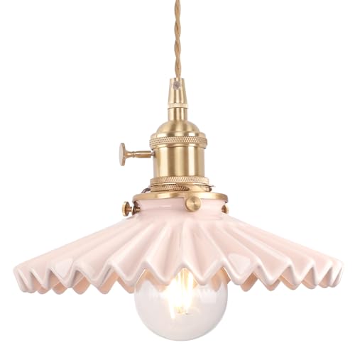Image of Shenmoyl Pendant Light with Pink Pleated Ceramic Lmapshade, Brass Vintage Pendant Light Adjustable Hanging Light for Kitchen Island Dining Room Hallway