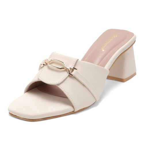 Image of Women's Block Heel Mule Sandals | Stylish Slip-On Heels with Metal Chain Detail | Cushioned Footbed | Square Toe Fashion Slides for Party, Office & Casual Wear