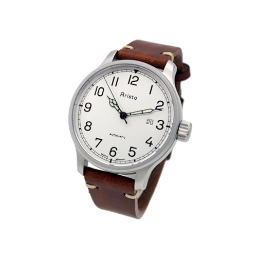Aristo Vintage Marine Automatic 3H215A - 42 mm Marineuhr im klassischen Design - SW200-1 Automatik - hellsilbernes Zifferblatt - Saphirglas - Sichtboden - Vintage-Lederband - Made in Germany