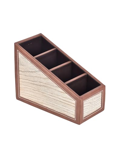 Image of Premsons Remote Holder Artificial Leather with Wooden Finish - 4 Section Tabletop Organizer for TV, AC & Office Desk Accessories - Compact & Stylish Storage Solution for Home & Office - Light Brown