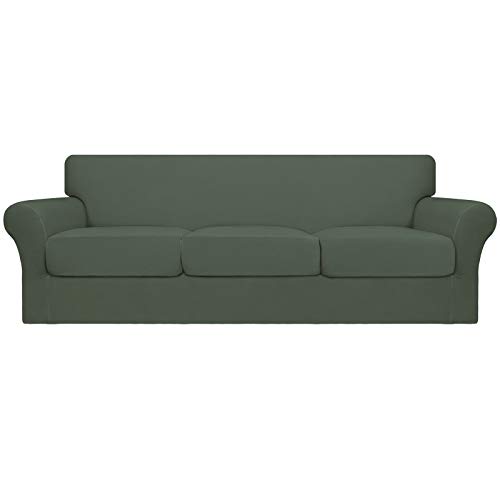 Image of Easy-Going 4 Pieces Oversized Stretch Couch Cover for Dogs Washable | Sectional Sofa Slipcover for 3 Separate Cushion Couch - Elastic Furniture Protector for Pets, Kids Greyish Green