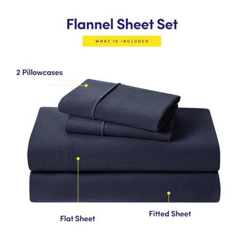 Image of Flannel Sheets Warm and Cozy Deep Pocket Breathable All Season Bedding Set with Fitted, Flat and Pillowcases, Twin, Navy