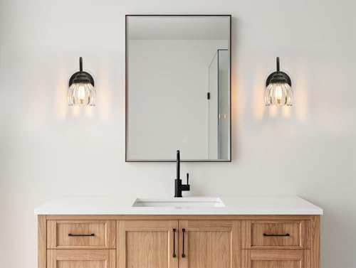 Image of Phansthy Vintage Brass Boho Wall Sconce, Hardwired Wall Light with Tulip Glass Lampshade, Brass Vanity Lamp Modern Wall Lighting Fixtures for Bedroom, Living Room, Hallway (Black + Clear Shade)