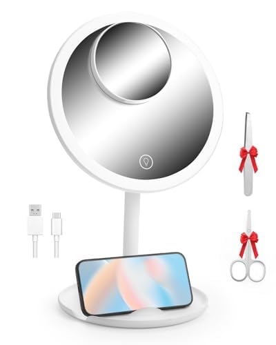 OTraki Espejo Maquillaje con Luz, LED Espejo Maquillaje Luz Iluminado de Aumento 1X / 10X, Espejo Redondo con Luz Táctil Sobremesa para Afeitado Depilación Cejas Baño, Blanco