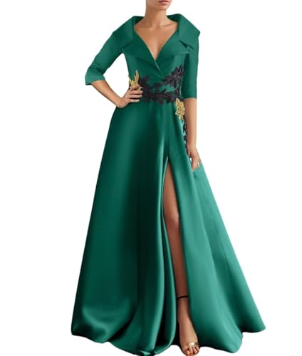 Long Sleeve Prom Dress with Slit Satin Embroidered Mother of The Bride Dresses V Neck Formal Evening Gowns2