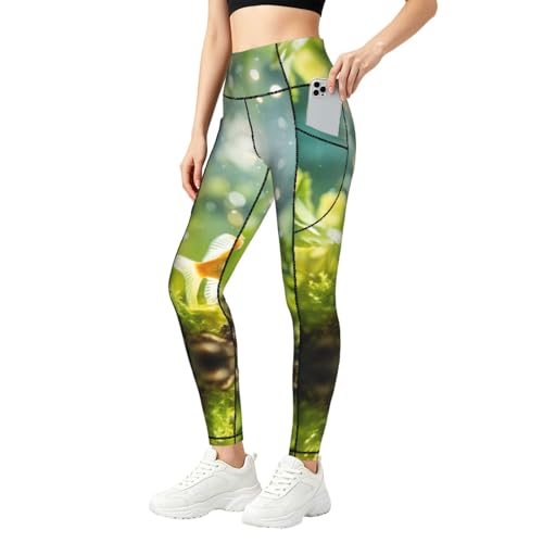Leggings de yoga con estampado de peces y cintura alta con bolsillos prácticos