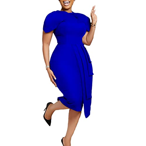 Women's Elegant Pleated Bodycon Dress Crewneck Short Cap Sleeve Formal Work Midi Pencil Dress Blue