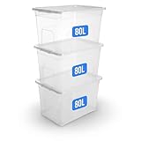 KAPCO Large Storage Box with Lid – 3 x 80L Clear Plastic Containers – Stackable Nesting Storage Bins for Clothes, Toys, Kitchen, Garage, Home & Office – BPA-Free, Made in UK, Heavy Duty Boxes