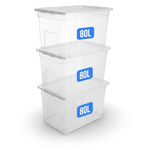 KAPCO Large Storage Box with Lid – 3 x 80L Clear Plastic Containers – Stackable Nesting Storage Bins for Clothes, Toys, Kitchen, Garage, Home & Office – BPA-Free, Made in UK, Heavy Duty Boxes