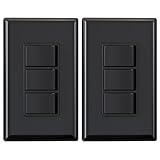 ELEGRP Triple Rocker Light Switch, 3 Single Pole, 15A 120V, In-Wall On/Off, Screwless Wall Plate, Self-Grounding, UL Listed (2 Pack, Black)
