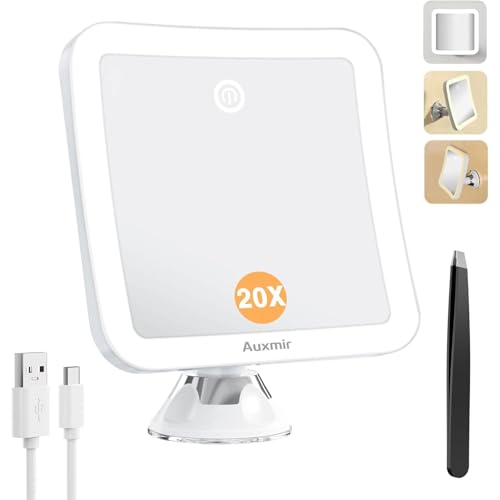 Auxmir Espejo Maquillaje con Luz 20X, Espejo Aumento Ventosa Ducha, 2000 mAh Recargable USB, 360 Giratorio, 3 Colores de Luz,...