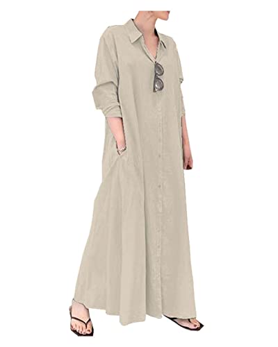 Image of Ladyful Women's Cotton Linen Maxi Shirt Dress Long Sleeve Button Down Shirtdress Beach Summer Dress Pockets