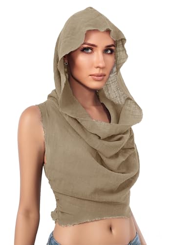 UJUROU Womens Apocalyptic Desert Hooded Top Draped Halter Tank Post-Apocalyptic Sleeveless Costume