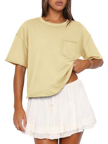 Image of ATHMILE Womens Crop Tops Workout Shirts Gym Oversized Spring Summer Basic Tees Short Sleeve Casual Loose Drop Shoulder 2026