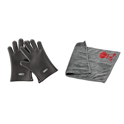 Image of Weber Silicone Grilling Glove, Black & Microfibre Cloth | Large Microfibre Cleaning Cloth | Barbecue Accessories | Suitable for Use on Any Barbecue Grill – 1pc, Grey (17689)