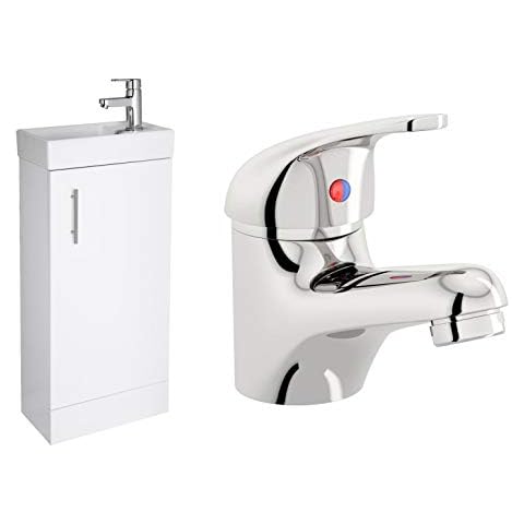 VeeBath Sheen High Gloss White 400mm Compact Cloakroom Vanity Unit with Egham Designer Chrome Mixer Sink Basin Tap Cover