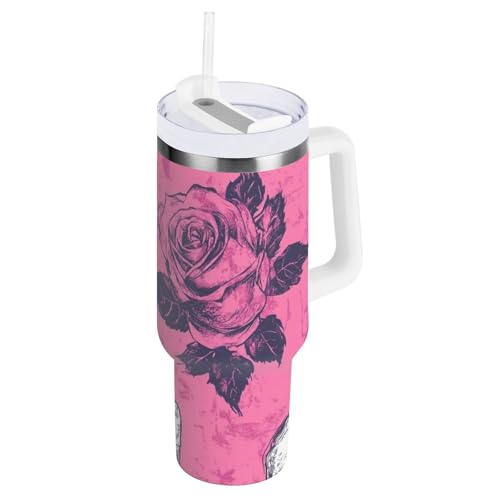 Taza al vacío con calavera de dedo medio rosa de 1180 ml, tapa a prueba de fugas y botellas de agua con pajita, reutilizable, para escuela, deportes, guardería, camping y más