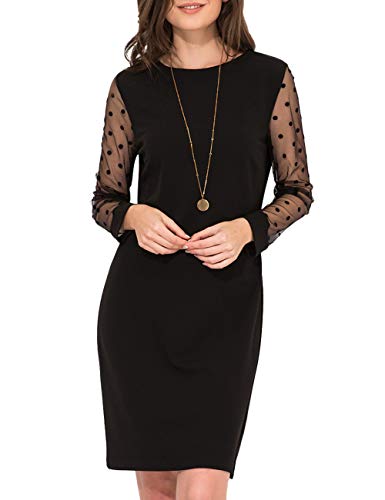 Aphratti Women Casual Cute Elegant Mesh Long Sleeve Round Neck Tunic Shift Dress,Black,Small
