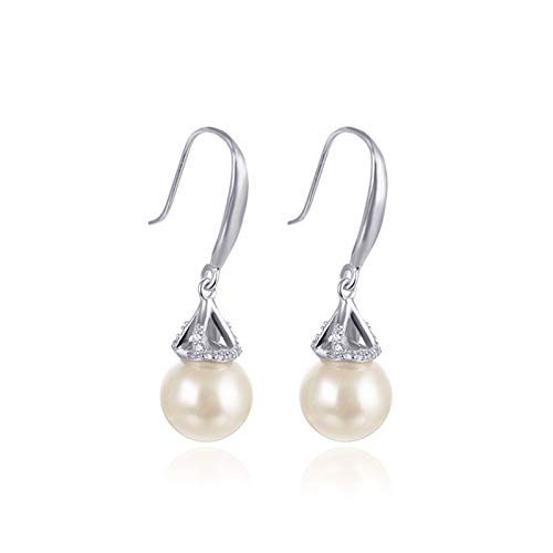 Pendientes de plata de ley 925 para mujer, aretes de San Valentín, plata de ley, aretes colgantes de plata de ley blanca, circonita cúbica redonda, 31,7 x 9,5 mm, perla, 31.7x9.5mm, Plata de ley,