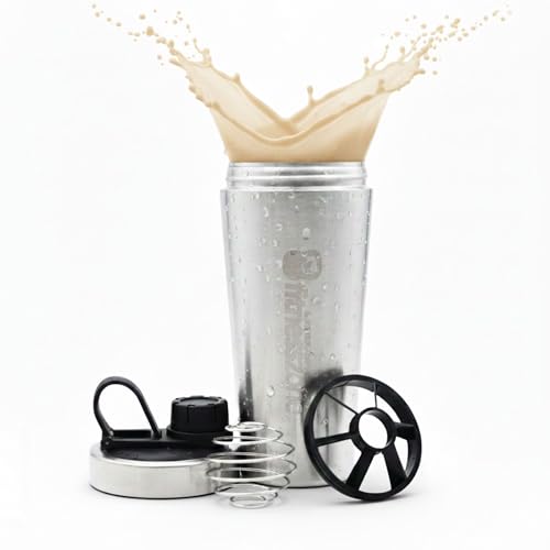 FitnessZone Shaker Proteínas Acero Inoxidable - Mezclador De Proteínas Con Cierre Hermético, Filtro Desmontable, Gancho De Transporte, Sin Olores, Libre BPA, Fácil Lavado