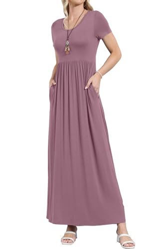 Image of EUOVMY Women's Short Sleeve Loose Plain Maxi Dresses Casual Vacation Long Dresses with Pockets