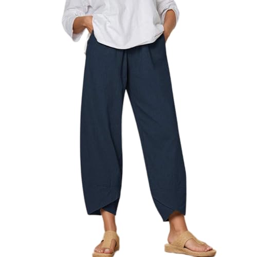 Women's Cotton Linen Capri Pants Casual Elastic Waist Baggy Trousers Comfy Wide Leg Beach Lounge Cropped Pants