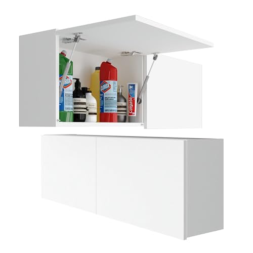 Milionmeblicom Badezimmerschrank Laura Hängeschrank Badezimmermöbel Klappbarer Badezimmer Wandschrank Teleskopöffnung - Mattweiß/Mattweiß, Maße 39 x 120 x 23 cm