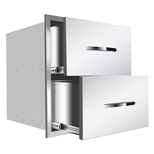 Image of 18''W x 15''H x 23''D Outdoor Kitchen Stainless Steel Flush Mount BBQ Double Access Drawers with Handles for Outdoor Kitchens or Patio Grill Station