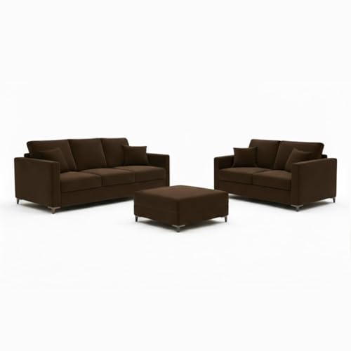 Image of Hayes Rich Velvet Suede 3 Seater + 2 Seater Sofa Set with Ottoman | Golden Aesthetic Legs | 6 Person Seating Capacity | Spacious Soft Touch Comfort | Modern Living Room Sofa (Dark Brown)