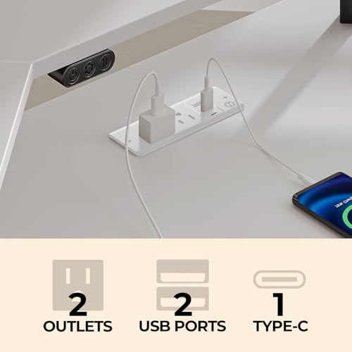 Image of Rolanstar L Shaped Gaming Desk with LED Lights & Power Outlets, 55.1 inch Computer Desk with Full Monitor Stand & Storage Shelf, Corner Desk with Hooks, White Desk Reversible