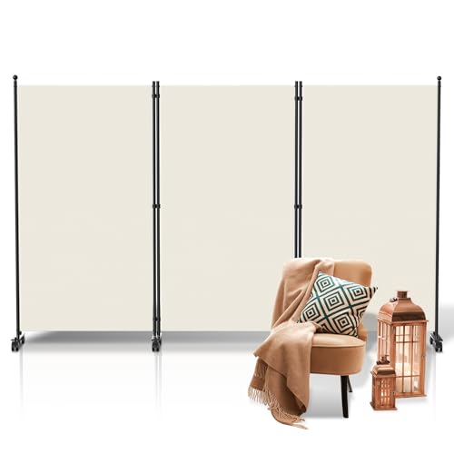 Fiqops Biombo con ruedas, 3 piezas, 263 x 181 cm, biombo para exteriores, resistente a la intemperie y divisor para oficinas, balcones, color beige