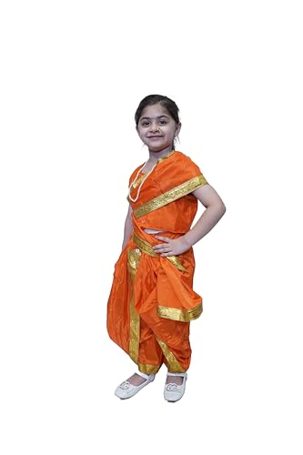 Image of Kaku Fancy Dresses Silk,Polyester Marathi Girl Lavni Folk Dance Costume With Jewellery For Kids - Orange, 10-12 Years