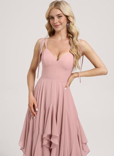 SNOWROSE Chiffon Bridesmaid Dresses for Women V Neck Spaghetti Straps Long Formal Evening Dress with Ruffle3