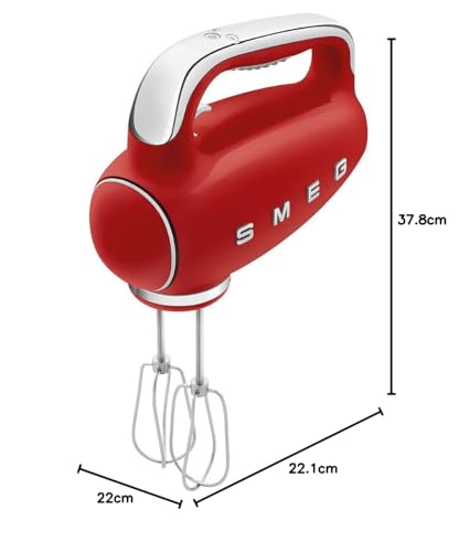 Smeg, Batteur Électrique HMF01RDEU, 9 Niveaux de Vitesse, Fonction Turbo, Système de Démarrage Smooth Start, 4 Batteurs, 2 Crochets Pétrisseurs et Enrouleur de Câble Fournis, 250W, Rouge
