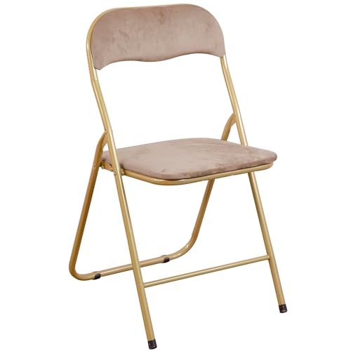 Marvin Sedia Pieghevole Imbottita in Velluto Velvet da Interno Ufficio Casa Resistenti Ferro Leggere Colorate Comode con Schienale Salvaspazio Portatile (Tortora/Oro)