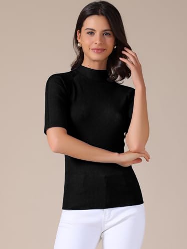 Allegra K Women's Casual Office Mock Neck Sweater Short Sleeve Ribbed Knit Pullover Tops3
