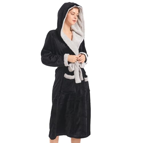Image of Inner Wish Women Hooded Plush Robe, Fleece Highly Absorbent Cozy Warm Bathrobe