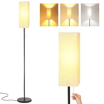 Alldio Floor Lamp for Living Room, Black Square Tall Lamps with Pull Chain Switch, Linen Lampshade Decor for Bedroom, 3-Color Temperature E26 LED Bulb Included