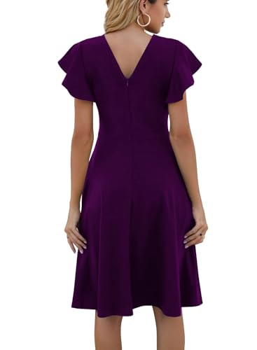 Image of MSLG Women's Fit and Flare Ruffle Short Sleeves Dresses Work V-Back Cocktail Semi Formal A Line Dress with Pockets 842
