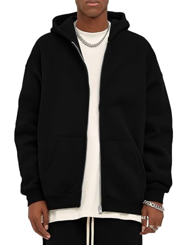 Flygo Mens Zip Up Hoodies Oversized Fleece Long Sleeve Drop Shoulder Hooded Sweatshirt Trendy Vintage Streetwear
