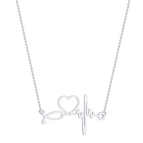 Stainless Steel Stethoscope ECG Heartbeat Choker Necklace for Women Love Heart Hypoallergenic Necklaces Pendants Medical Nurse Doctor Gifts (Silver)