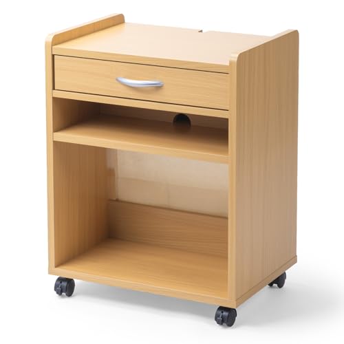 【値下げ】ナチュラル木製　プリンターワゴン  引き出し付き キャスター付き Amazon | 奥行き45cm 木製 プリンターワゴン キャスター付き