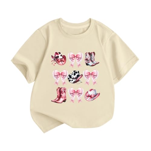 Deyaidy Girls Western Cowgirl Bow Country Shirt Cute Rodeo Cowboy Shirts Kids Graphic Summer Tees Cotton Short Sleeve Tops(Apricot 140)