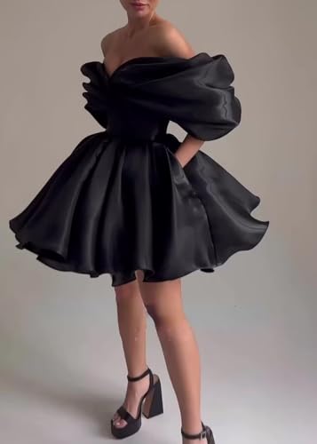 Teens A-line Ruffles Satin Short Party Dress Off Shoulder Short Homecoming Cocktails Dress for Women3