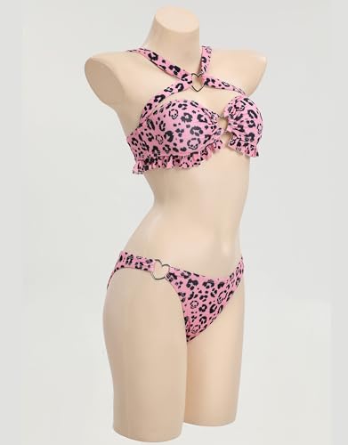 MEOWCOS Women's Bikini Sets Halter Top and Panty Bottom Unique Skull Leopard Print Two-Piece Swimsuit Pink4